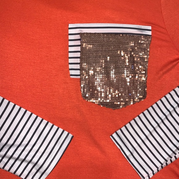 Orange Striped Sequin Pocket Shirt - Picture 13 of 14